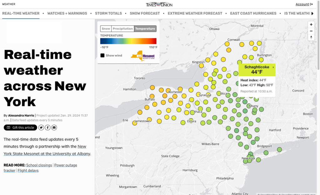 Using data from the NYS Mesonet, the Times Union built a tracker that shows temperature and precipitation in real time. This complements other real-time products, including air quality, power outages and school closings. (Alexandra Harris / Times Union)