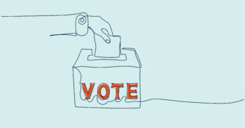 An illustration of someone putting a box that reads "vote"